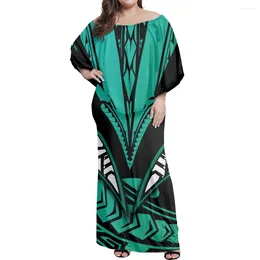 Party Dresses Polynesia Tribe Printing Green Dress Off-The-Shoulder Ruffle Large Size Clothing 2024 Elegant Summer Women's Long Skirt