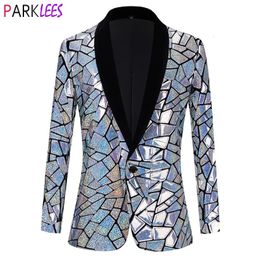 Luxury Laser Sequin Tuxedo Blazer Jacket Men One Button Shawl Lapel Dress Suit Blazer Male Party Stage Prom Singer Costume Homme 240117