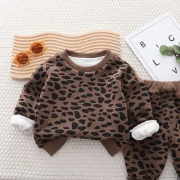 Autumn Winter Children Boy 2PCS Clothes Set Leopard Cotton Sweatshirt Elastic Waist Pant Baby Boy Outwear Suits Kid Boy Set 240117