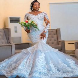 Stunningbride 2024 Luxurious Full Lace Mermaid Wedding Dresses For African Women Long Sleeves Lace Up Beaded Plus Size Church Bridal Party Gowns