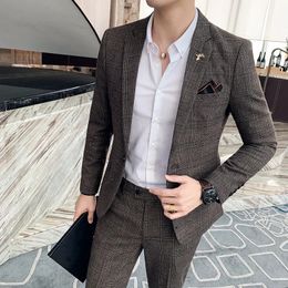 Blazer Pants Highend Brand Formal Business Plaid Mens Suit Groom Wedding Dress Solid Colour Stage Performance Tuxedo S7XL 240117