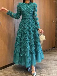 Casual Dresses Fashion Holiday Banquet Autumn 2024 Round-Necked Women Long-Sleeved Gauze Halo-Dyed Floral Bouffant Dress