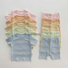 Clothing Sets Baby Cotton Ribbed Clothes Set Short Sleeve Tops + Shorts 2pcs Suit Candy Colour Girl T Shirts Solid Boys Outfits H240508