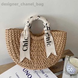 Totes Letter silk scarf hand-held str bag wild semi-circle woven women's bag rattan bag women's beach vacation photo beach bag T240116