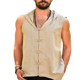 2023 Summer Men's Loose Fit Large Solid Casual Versatile Button Hooded Tank Top Cardigan Sleeveless Vest 240117