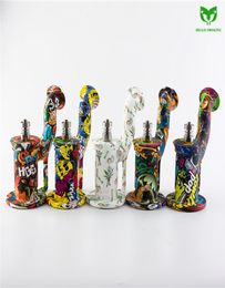 Silicone Bong Smoke Water transfer printing Pipe with Stainless Steel Nail Dabber Oil Jar Fantastic Dab Rig 4391677308