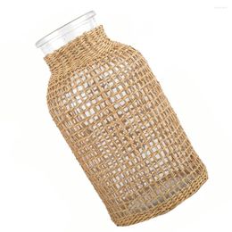 Vases 1pc Straw Woven Glass Vase Decorative Plant Adornment (Light Brown)