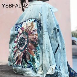 Women Denim Jacket feminine Spring Autumn Boho Sequin Floral Appliques Embroidery Coat Long Sleeve Outerwear Female Veste femme y240117