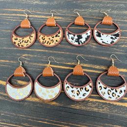 Dangle Earrings Western Rustic Crescent Moon Genuine Leather Inlay Wooden Circle Drop For Women Round Earring Cowgirl Jewellery Wholesale