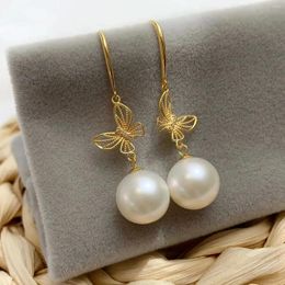 Dangle Earrings MADALENA SARARA 18K Yellow Gold Butterfly Hallow With Freshwater Pearl Au750 Stamp