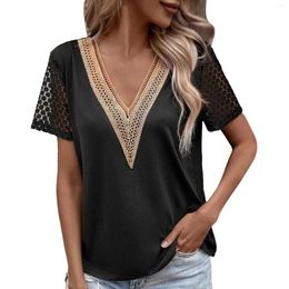 Women's Blouses Cap Sleeve Shirt For Women Fashion 2024 V Neck Lace Solid Casual Shirts Loose Fit Blouse Oversized Tops Summer Tunics