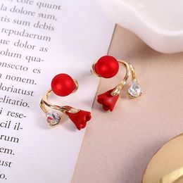 Stud Earrings Korean Fashion Red Flower Imitation Pearl For Women Elegant Zircon Sweet Lovely Earring Wedding Party Jewellery Gift