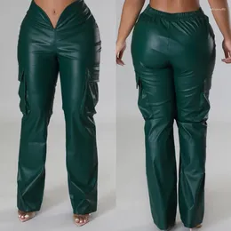 Women's Pants BKQU PU Leather Straight Trousers Women 2024 Fashion Hipster V-Shaped Waist Stretchy Wide Leg 3D Double Pocket Cargo