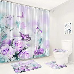 Shower Curtains Butterfly Rose Shower Curtain Set Pink White Flower Plant Spring Rustic Scenery Bathroom Decor Non-Slip Rug Bath Mats Toilet Lid