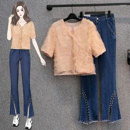 Women's Two Piece Pants Women Trendy Shirt Two-piece Suit 3d Flowers Blouse Jeans Korean Fashion Elegant Casual Top Denim Trousers Sets