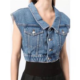 Jackets 2022 Spring and Summer New Lapel Collar Singlebreasted Denim Vest Women's Fashion Retro High Waist Short Sleeveless Vest Jacket