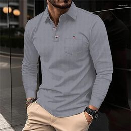 Men's Polos High Elasticity Solid Color Long Sleeved Pocket Polo Shirt Stand Collar Loose Casual Fashion T-shirt Top Men Clothing