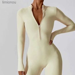 Active Sets Gym Set Nude Zipper Front Long Sleeve High Intensity Workout One Piece Leotard Fitness Dance Gym Aerial Yoga Jumpsuit Sports BraL240118