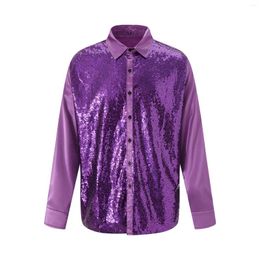 Men's Casual Shirts Men Sequin Shirt Performance Nightclub Host Long-sleeved Turn-down Collar Button-down Party Clubwear