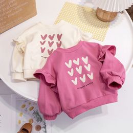 Cute Baby Girls Tops Sweatshirt Love Pattern Ruffles Long Sleeve O-Neck Pullover Kids Shirts Casual Loose Hoody Children Clothes 240117