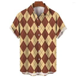 Men's Casual Shirts Fashion Shirt Summer Short Sleeve Blouses Rhombus Lattice Print Lapel Tops Outdoor Travel Overszied Y2k Clothing