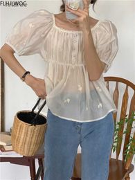 Women's Blouses Shirts Embroidery Cute Chic Peplum Tops Women 2022 Summer Korea Japan Style White Floral Transparent Mesh Sexy Button Shirts Blouse YQ240118