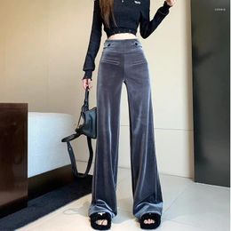 Women's Pants Retro Velvet Long For Women Autumn Winter High Waist Silky Smooth Design Wide Leg Trousers Casual Straight