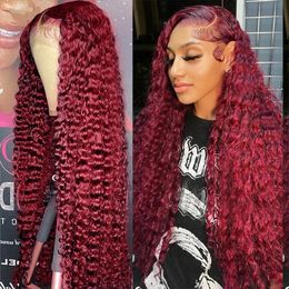 Baby hair Transparent 99j Burgundy Lace Front Human Hair Wig 13x6 HD Lace Deep Wave Frontal Wig Brazilian Curly Wigs for Women