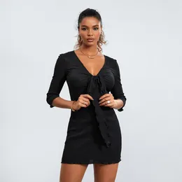 Casual Dresses Women Spring Summer Mini Bodycon Dress 3/4 Sleeve Deep V Neck Solid Colour Tie Up Party Club