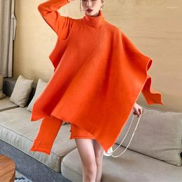 Work Dresses VANOVICH Autumn And Winter Design Split Asymmetrical Knitting Knee-Length Dress Loose Turtleneck Cloak Coat Two-piece Set