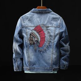 Prowow Fashion Streetwear Men Jacket Retro Blue Indian Chief Embroidery Denim Jackets Size M6XL Hip Hop Punk Coats 240117