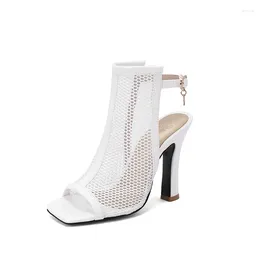 Sandals Luxury Summer Mesh Ankle Cool Boots Square Head For Women Fashion High Heels Dance Shoes Big Size 32-48 A523-1