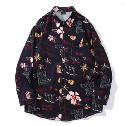 Men's Casual Shirts Printing Thin Material Curved Hem Long Sleeve Turn-down Collar For Man Black