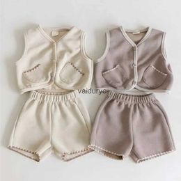 Clothing Sets 2023 Winter New Baby Sleeveless Warm Clothes Set Solid Infant Pocket Vest Cardigan + Shorts 2pcs Suit Boys Girls Cotton Outfits H240508