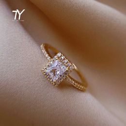 Band Rings Exquisite Simple Square Zircon Gold Colour Open Rings For Woman 2023 Salary Goth Jewellery WeddParty Girls' Luxury Student Ring J240118