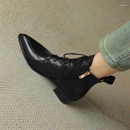 Boots 2024 Autumn/winter Genuine Leather Women Pointed Toe Chunky Heels For Versatile Lace Short Knight