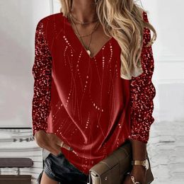 Women's Blouses Evening Sequin Tunic Blouse Women Spring Fashion Print V Neck Top Long Sleeve Shirt Black Ladies Elegant Shirts Pullover