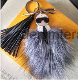 Luxury Fluffy Karl Genuine Raccoon Fur Pompom Monster Bag Bugs Charm Keychain Plush Key Ring Leather Tassel QBZD