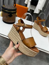 2024 Starboard Wedge Sandal Women Designer Sandals High heel Espadrilles Natural Perforated Calf Leather Lady Slides Outdoor Shoes