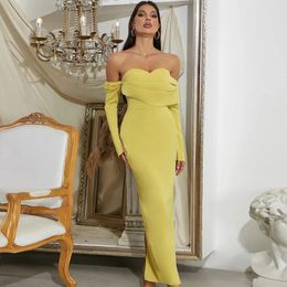 Casual Dresses Yellow Elegant Strapless Bodycon Dress Women Sexy Off The Shoulder Full Sleeve Maxi Long Ladies Celebrity Evening Party