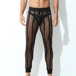 Mens Bottoms Sexy Underwear Trousers Leggings Long Johns Perspective Large Mesh Out Sport Home Pyjama Pants 240117