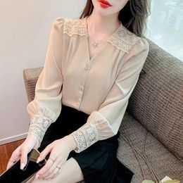 Women's Blouses 2024 Spring Long Sleeve Satin Blouse Women Sexy Lace Stitching Office OL Shirts Female Vintage Tops Blusas Mujer De Moda