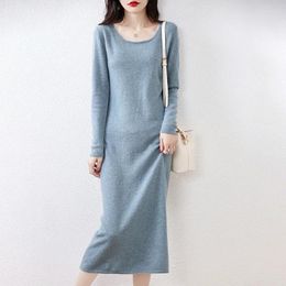 Casual Dresses Luxury And Fashionable Cashmere Women's U-Neck Autumn Winter Long Sleeved Solid Colour Loose Wool Knitted Pullover Dress