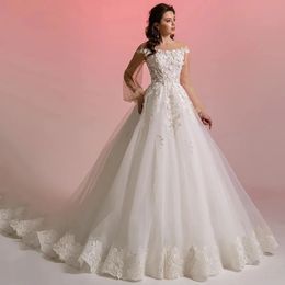 Ivory Wedding Dresses White Bridal Gowns A Line O-Neck Long Sleeve Applique Beaded 3D Floral Appliques Tulle Custom Zipper Lace Up Plus Size New Illusion