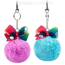 JOJO Kids Bowknot Fur Fuzzy Keychain Baby Girls Hairpin Pendant Children Bows Key Ring Fuzzy Ball Hang Keychains school bag pendants BJ
