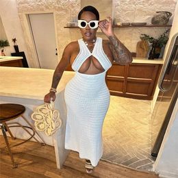 Women Socks Knit Crochet White Hollow Maxi Bodycon Dress Sexy See Through Sleeveless Elastic V-Neck Backless Hipster Chic Vestidos