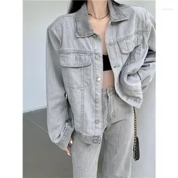 Women's Two Piece Pants Women Denim Suit 2024 Spring Vintage Cotton Turn-down Collar Full Single Breasted Length Straight 2 Set