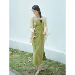 Ethnic Clothing 2024 Summer French Green Three Dimensional Flower Suspender Skirt With Cardigan Women Improved Chinese Style Cheongsam