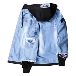 Trendy Denim Jacket Male Jean Buttons Ripped Drawstring Daily Wear 240117