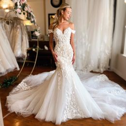 Mermaid Wedding Dress for Bride Illusion Off Shoulder Appliqued Lace Bridal Gowns for Nigeria Black Women For Marriage Gorgeous Dresses Plus Size NW046